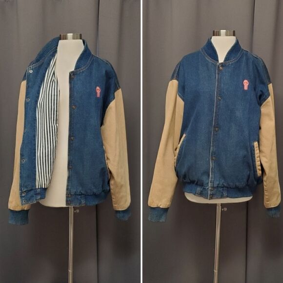 Vintage Kenworth Truck Two Tone Denim Railroad Striped Liner Varsity Bomber Coat - Picture 1 of 9